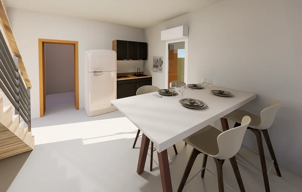 Cuisine moderne ouverte avec salle à manger, table blanche rectangulaire, quatre chaises contemporaines beiges, réfrigérateur vintage blanc, meuble haut noir, plan de travail bois