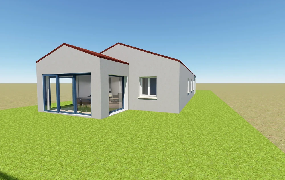 Maison moderne contemporaine avec façade grise et toiture rouge à deux pans, située sur terrain verdoyant sous ciel bleu dégradé