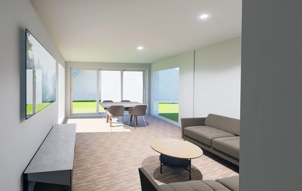 Intérieur moderne minimaliste avec salon et salle à manger décloisonnés