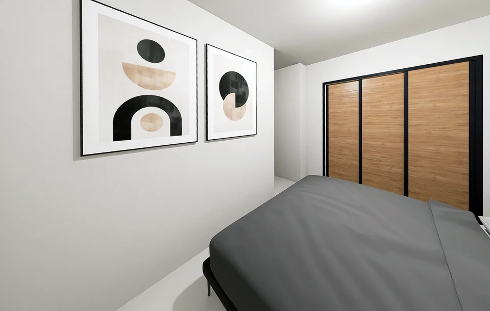 Salle à manger moderne avec table rectangulaire et quatre chaises contemporaines dans un intérieur minimaliste