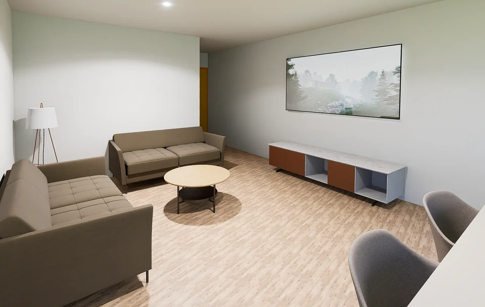 Rendu en 3D d'un immeuble d'appartements moderne et durable avec des plans