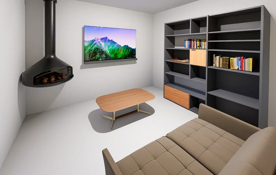 Maison contemporaine unifamiliale avec terrasse couverte sur terrain paysagé verdoyant sous ciel dégagé