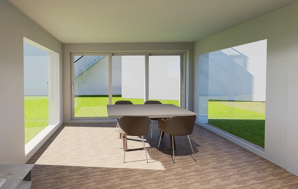 Famille de quatre personnes dansant joyeusement dans salon moderne