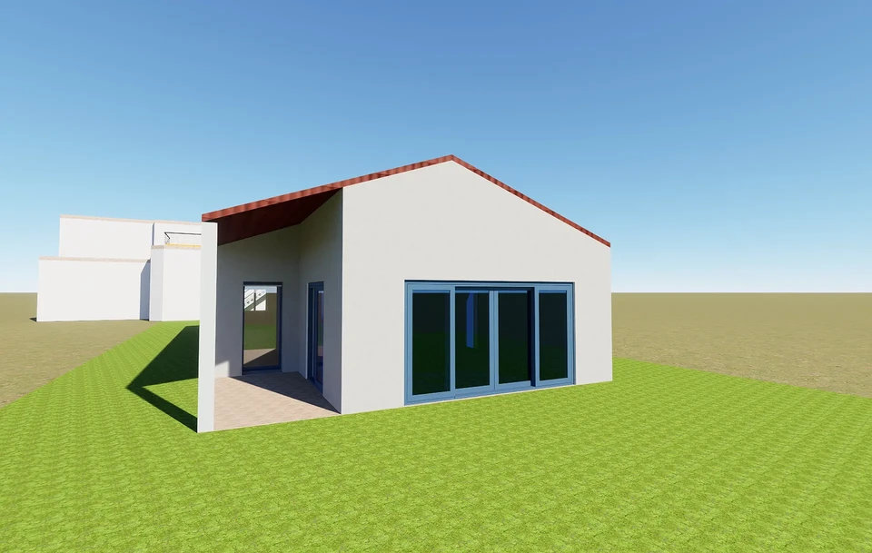 Bureau moderne avec maquette architecturale de maison en bois au premier plan