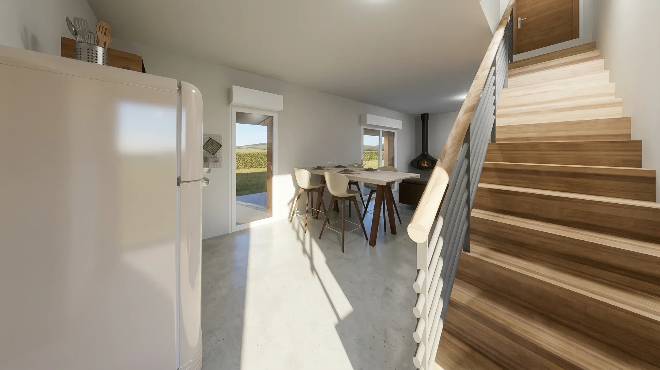 Intérieur moderne avec plancher en bois et mur bleu clair